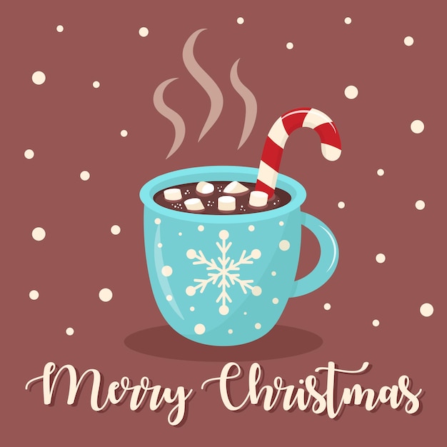 Christmas greeting card with mug of hot chocolate, marshmallows and candy cane. Merry Christmas text. It is snowing.