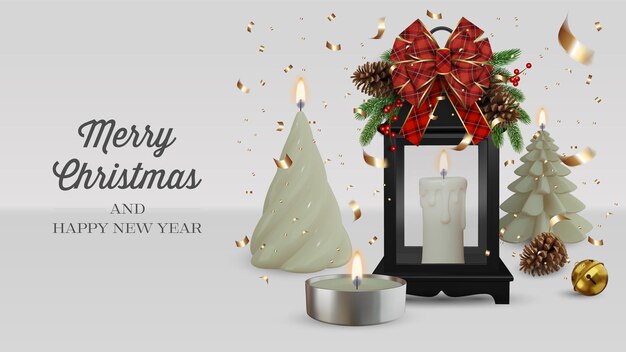 Vector christmas greeting card with realistic decorated lantern candles and ornaments