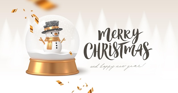 Christmas greeting card with snowglobe Realistic 3d render snow globe with snowman