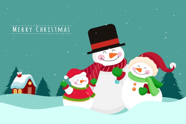 Christmas Greeting Card with Snowman family. Vector illustration