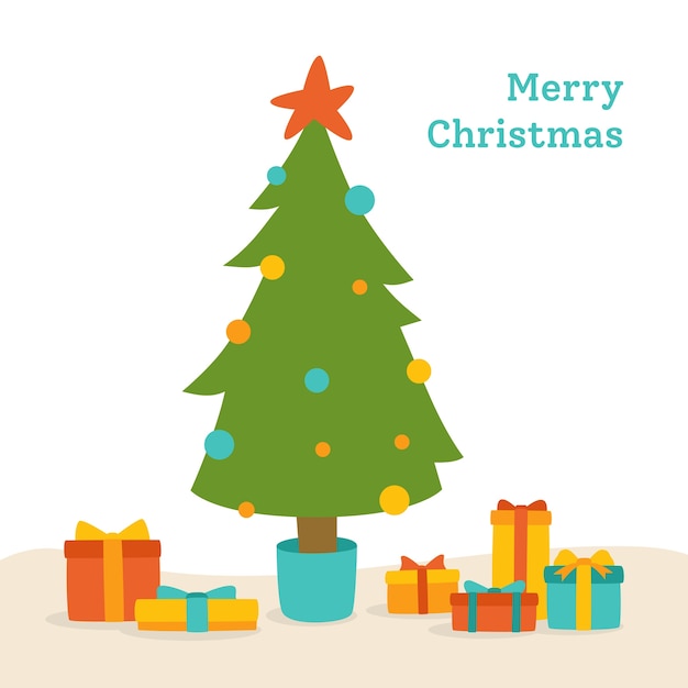 Christmas greeting card with tree with boxes gifts