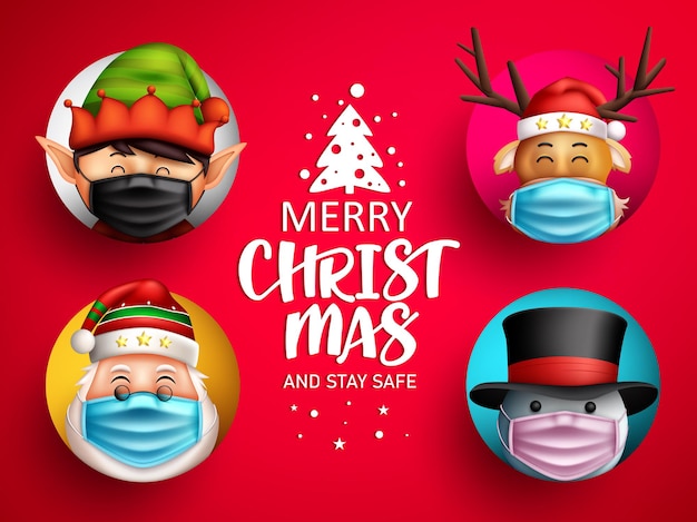 Christmas greeting characters vector design Merry christmas and stay safe