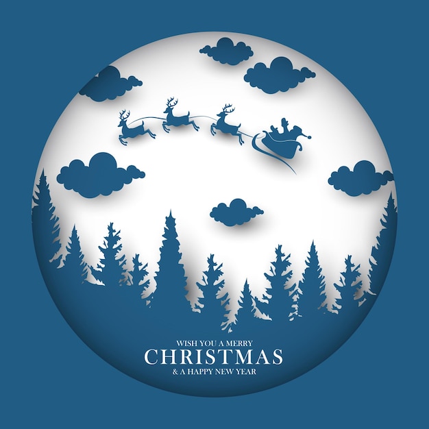 Christmas greeting and Santa Claus sleigh silhouette with paper style design