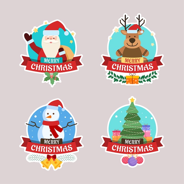 Christmas greeting sticker set with Santa Claus, deer, Christmas tree and snowman