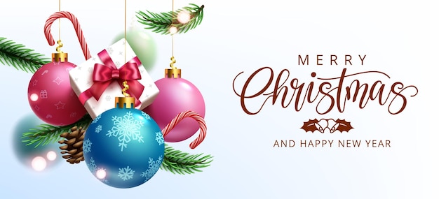 Christmas greeting vector design. Merry christmas text in white space with hanging xmas balls, gift.