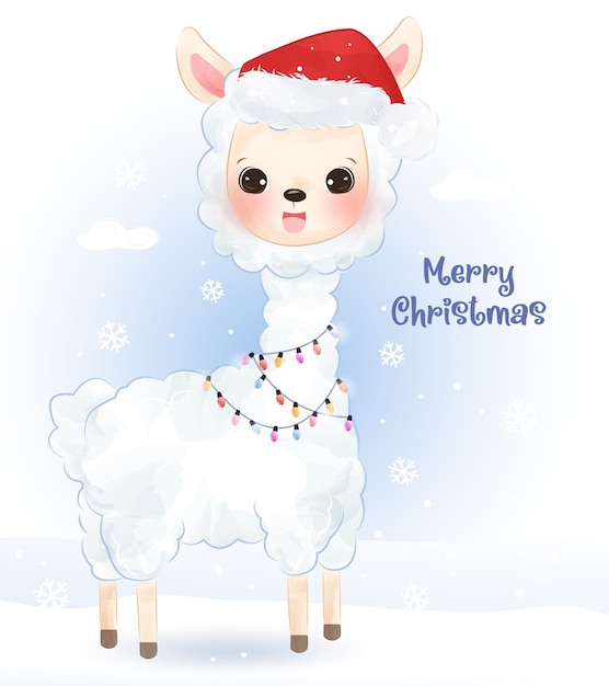 Christmas greeting  with adorable llama. Christmas  illustration.