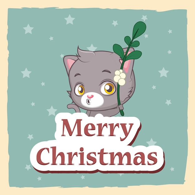 Christmas greeting with cute cat holding a mistletoe