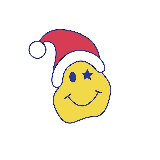 Christmas groovy crazy smile face and santa hat in s retro style