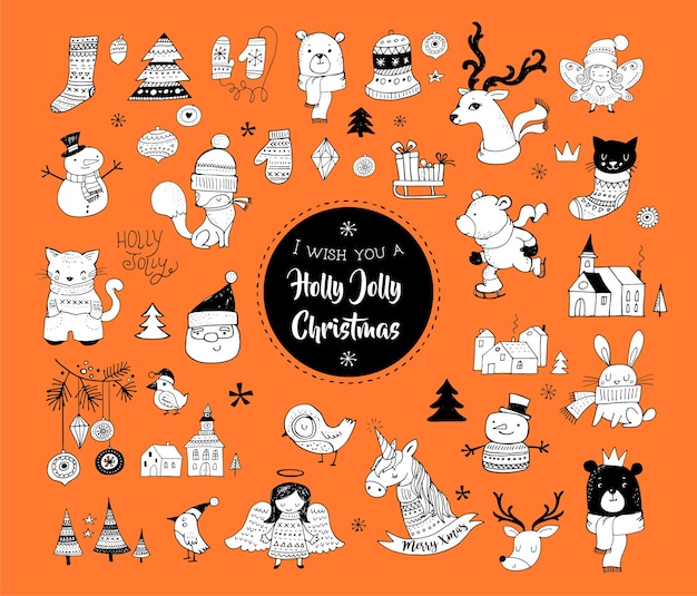 Christmas hand drawn cute doodles, stickers, illustrations and elements