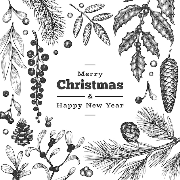 Christmas hand drawn  greeting card template. Vintage style illustration