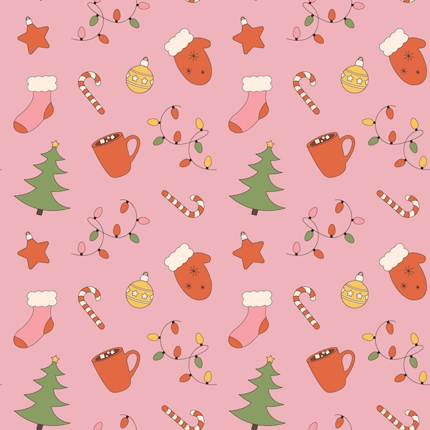 Christmas hand drawn seamless pattern in retro groovy colors