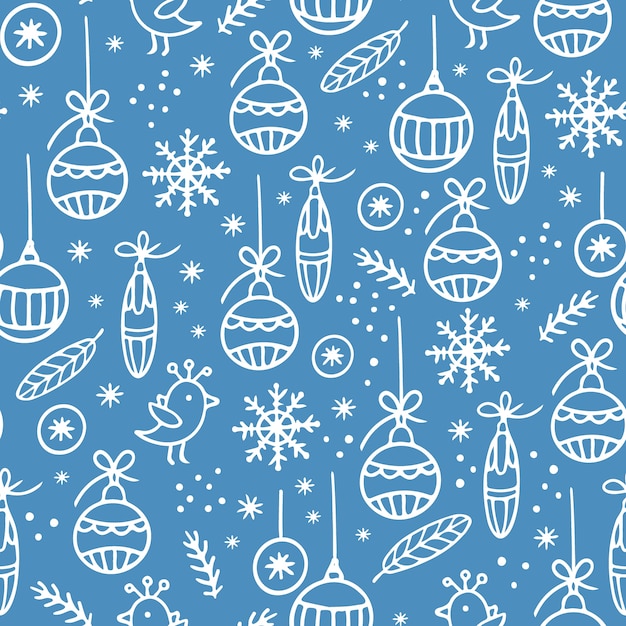 Christmas Hand Drawn White Ornament  On Light Blue  Seamless Pattern