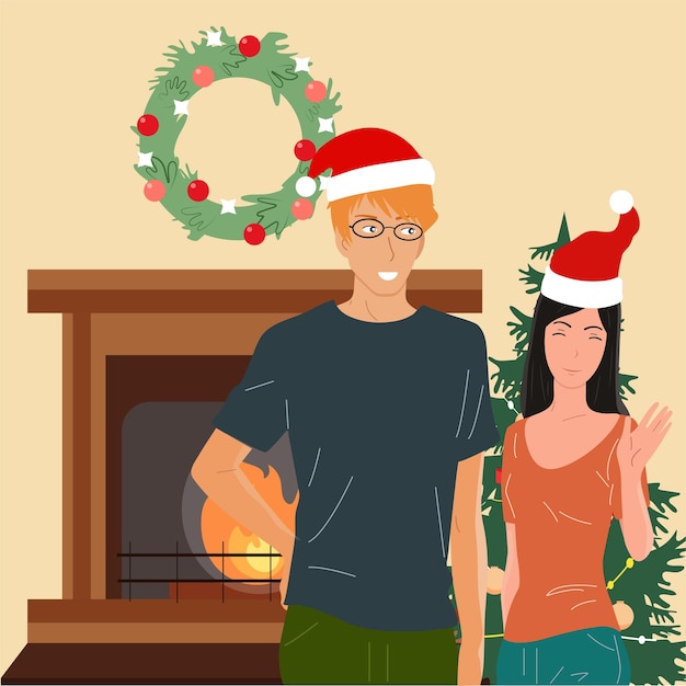 Christmas happiness man woman Christmas tree gifts family Vector illustration