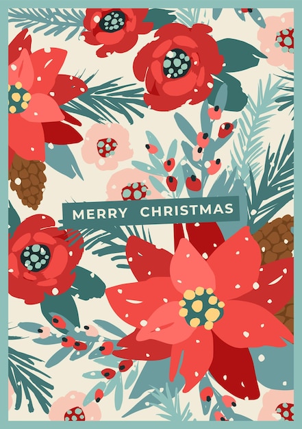 Christmas and Happy New Year card with white Christmas tree and flowers Trendy retro style Vector design template