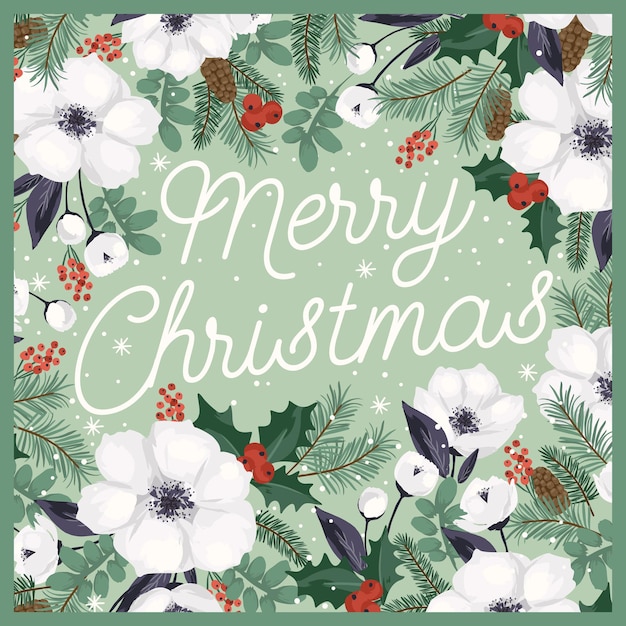 Christmas and Happy New Year card with white Christmas tree and flowers Trendy retro style Vector design