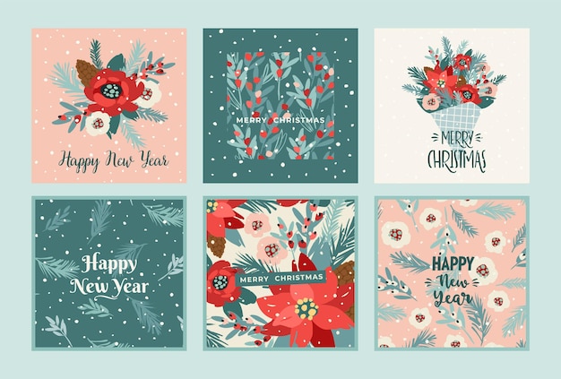 Christmas and Happy New Year cards with flowers