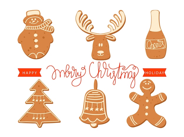 Christmas and Happy New Year greeting card with Christmas cookies and lettering