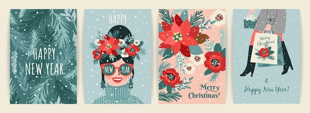 Christmas and Happy New Year illustration for cards and other use Trendy retro style Vector design templates