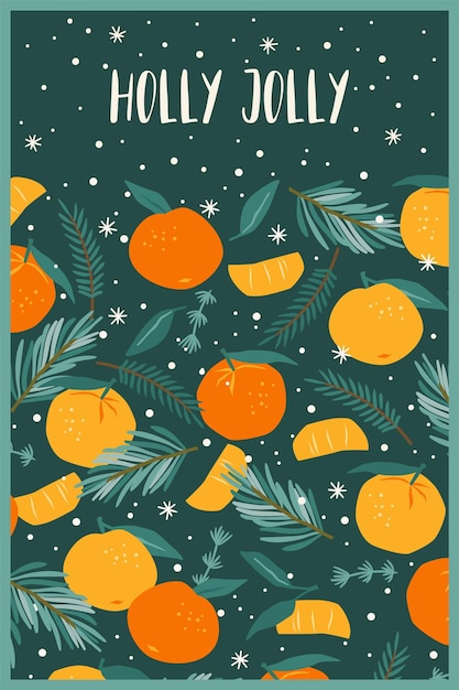 Christmas and Happy New Year illustration Christmas tree and tangerines New Year symbols Vector design