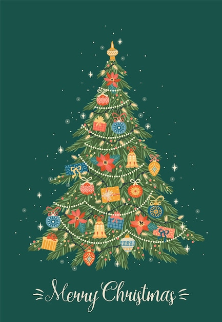 Christmas and Happy New Year illustration of Christmas tree. Trendy retro style. 