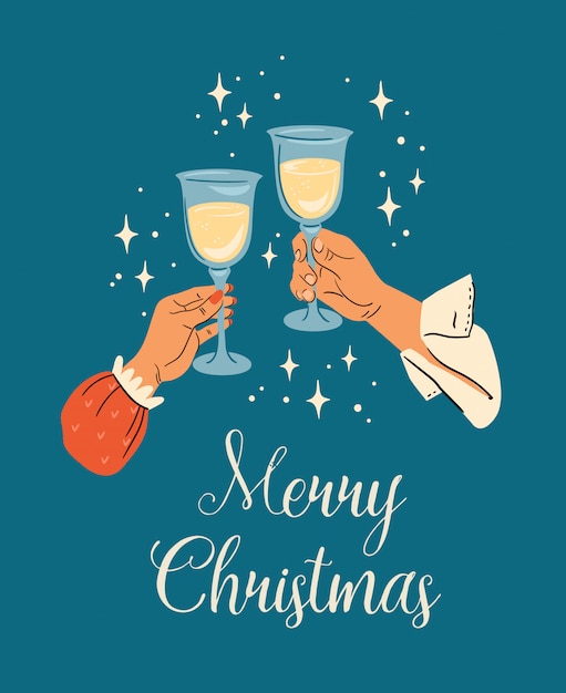 Christmas and Happy New Year illustration of male and female hands with champagne glasses. Trendy retro style.