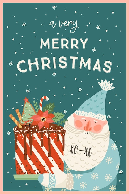 Vector christmas and happy new year illustration of santa with cake trendy retro style vector design