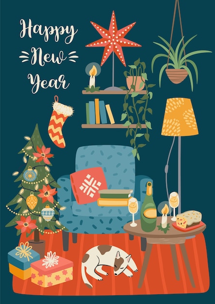 Christmas and Happy New Year illustration of sweet home. Trendy retro style. 