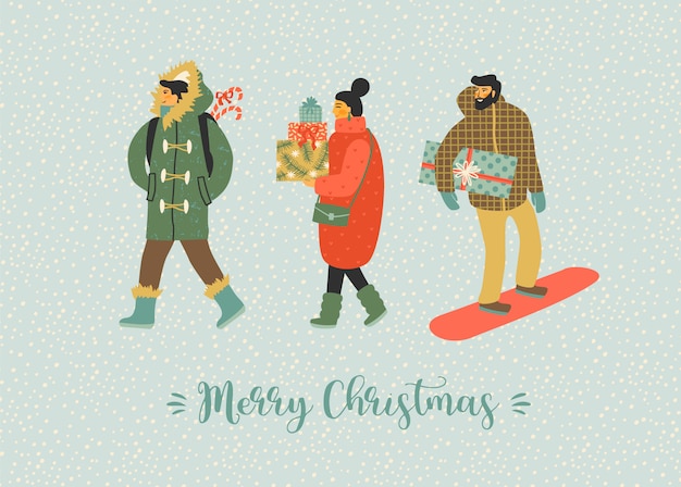 Christmas and Happy New Year illustration whit people.