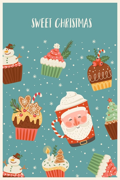 Christmas and Happy New Year illustration with christmas sweet and drink. Vector design template.