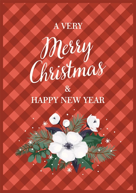 Christmas and Happy New Year illustration with Christmas tree and white flowers Vector design