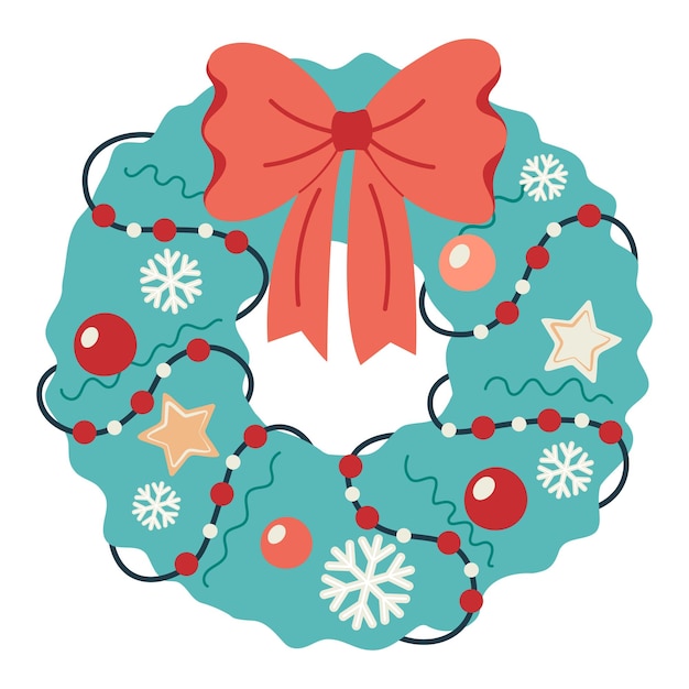 Christmas and Happy New Year illustration with Christmas wreath Hand drawn flat vector design