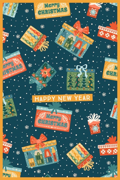 Christmas and Happy New Year illustration with gift boxes Trendy retro style Vector design