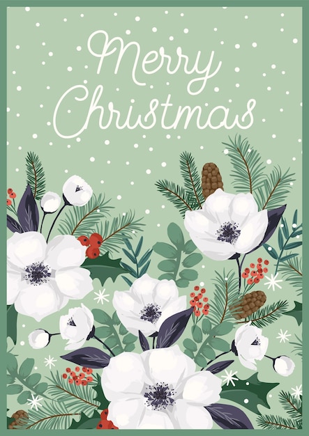 Christmas and Happy New Year illustration with white Christmas tree and flowers Trendy retro style Vector design