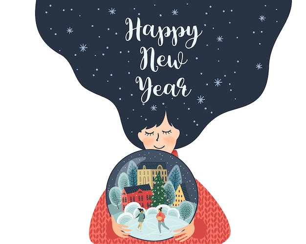 Christmas and Happy New Year isolated illustration with cute woman Vector design