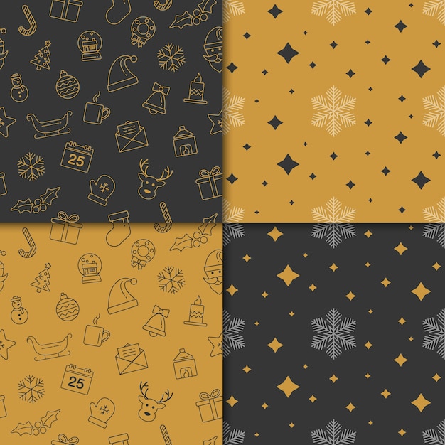 Christmas and happy new year pattern set. Winter holiday pattern with gold and black color.