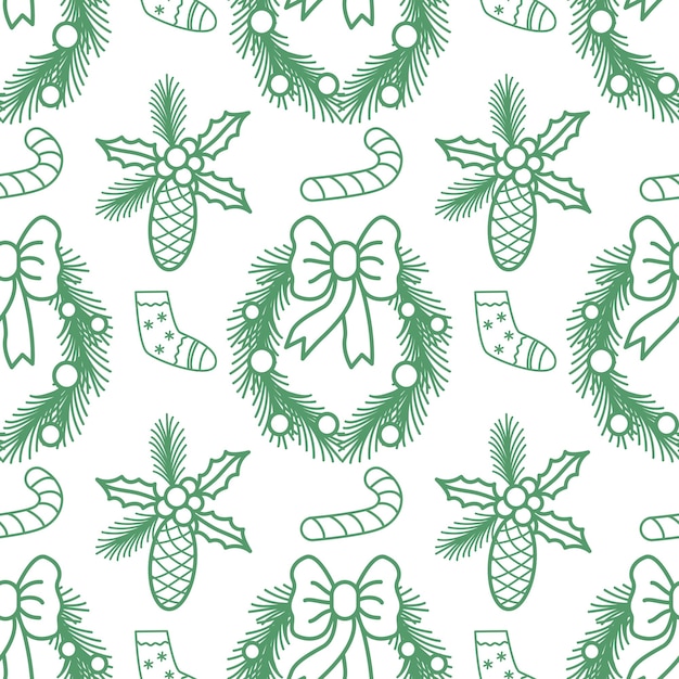 Christmas and Happy New Year seamless pattern with wreath pine cone sock and candy