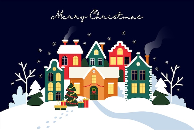 Christmas and Happy New Year winter landscape with houses Village houses Christmas trees snow