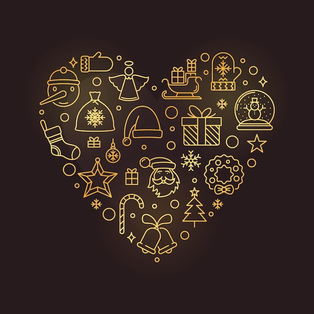 Christmas heartshaped outline vector golden design