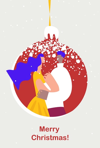 Christmas holiday card  Young couple congratulates hugging each other in a Christmas ball