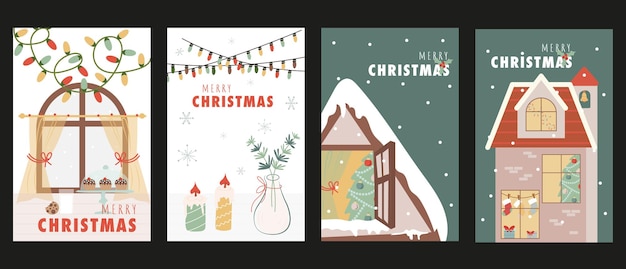 Christmas holiday cover brochure set in trendy flat design Poster templates with cozy window with garland candles and decor homes with festive fir tree with toys and gifts Vector illustration