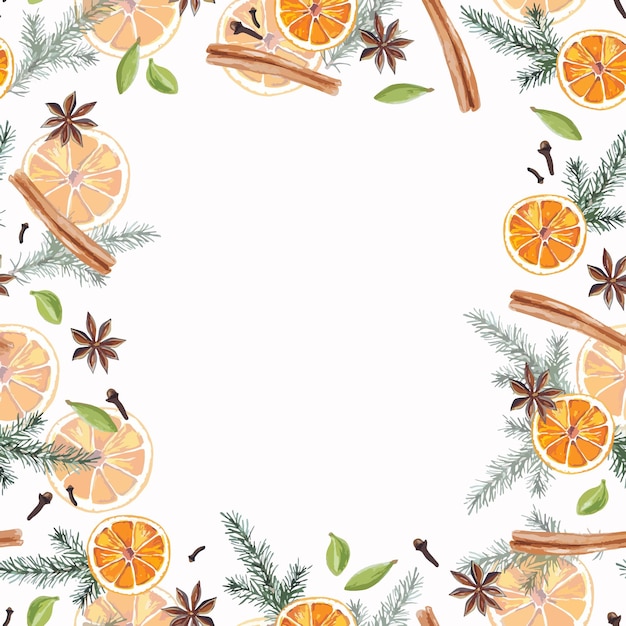 Christmas holiday frame decorated with oranges, evergreen tree, spices watercolor hand drawn