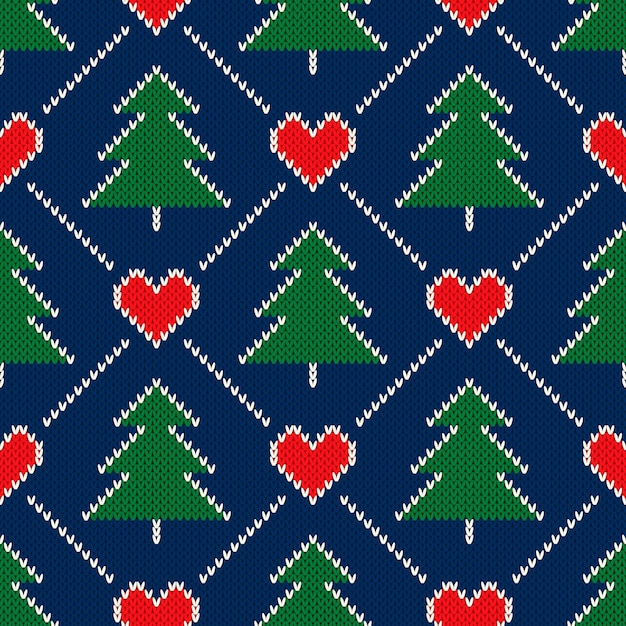 Christmas Holiday Knitted Pattern with a Christmas Trees and Hearts