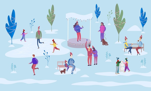 Christmas holiday outdoor. People ice skating on the rink and walking between decorated trees. Sit on park benches and walk with the dog. Colorful vector illustration in flat cartoon style.