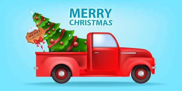 Christmas holiday red car illustration vector xmas retro truck postcard decorated pine tree