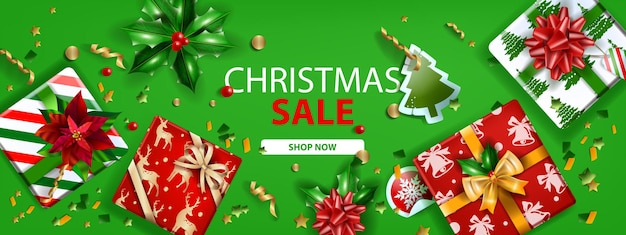 Christmas holiday sale banner vector winter green discount web landing page top view gift box bow