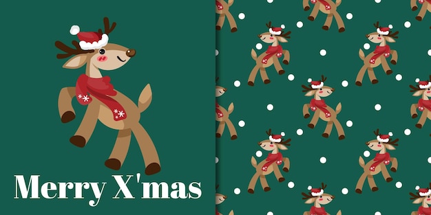 Christmas holiday season banner with Merry Christmas text and seamless pattern of cute reindeer wear Santa hat and scarf on green background with snowflakes. Vector illustration.