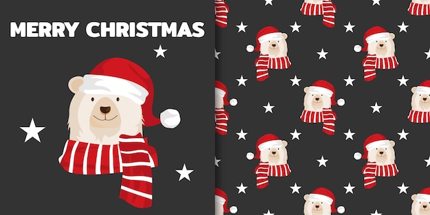 Christmas holiday season banner with Merry Christmas text and seamless pattern of a polar bear wear Santa hat and red scarf on black background with stars. Vector illustration.