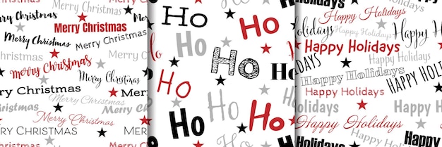 Christmas holiday season seamless pattern set of Merry Christmas text, Ho text and Happy Holidays text with stars on white background. Vector illustration.