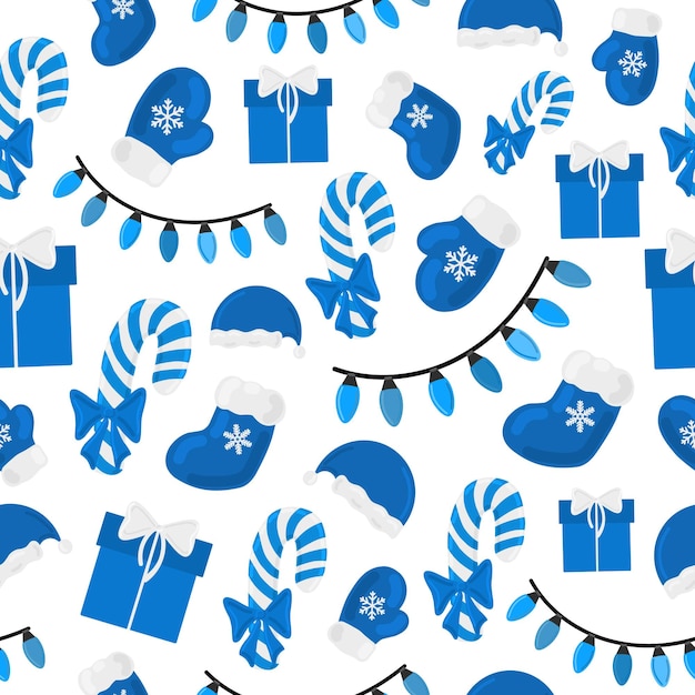 Christmas holiday vector seamless pattern blue elements on white