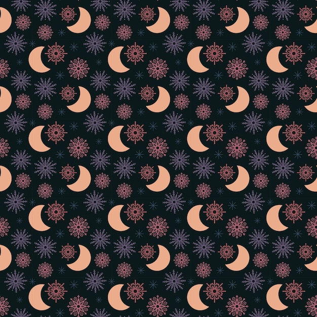 Christmas Holiday Vector Seamless Retro Pattern Background Moon Garden Nature Ornament Snowflakes